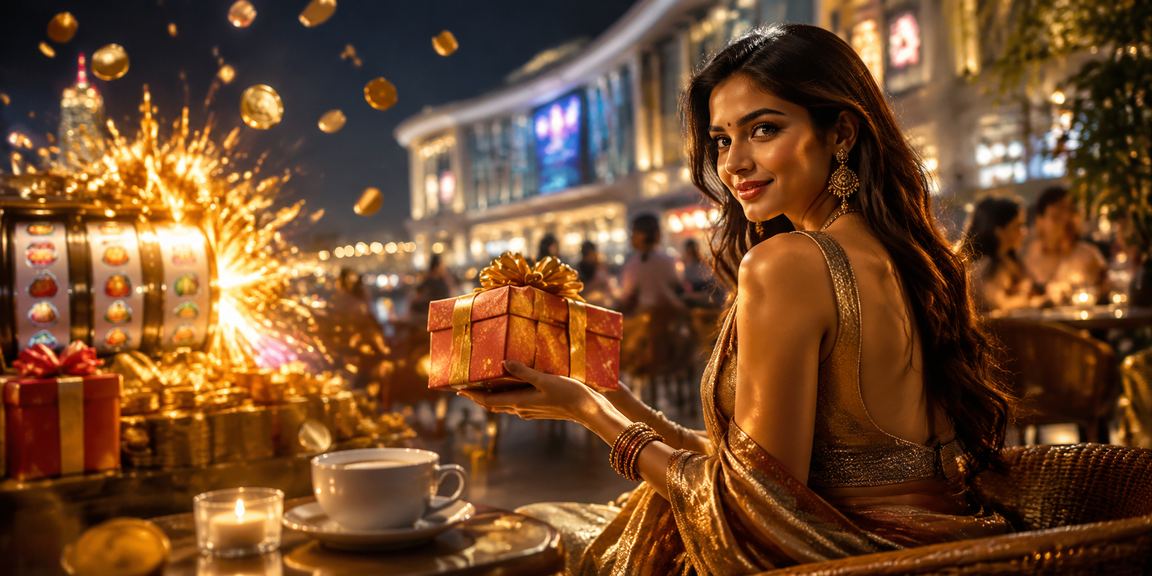 A joyful Indian player celebrating with casino chips and slot game interface