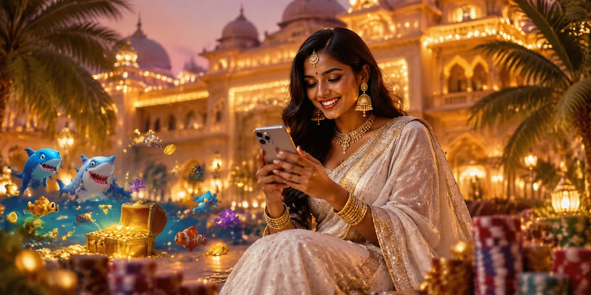 Indian woman enjoying online fishing game